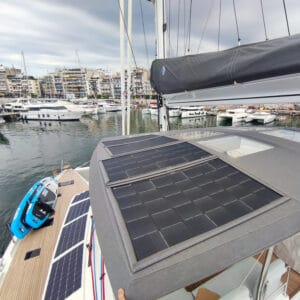 Solbian Solar Fountaine Pajot 67 sailing luxury catamaran yacht boat photovoltaic walkable custom-made bespoke bimini deck KIMATA