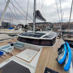 Solbian Solar Fountaine Pajot 67 sailing luxury catamaran yacht boat photovoltaic walkable custom-made bespoke bimini deck KIMATA