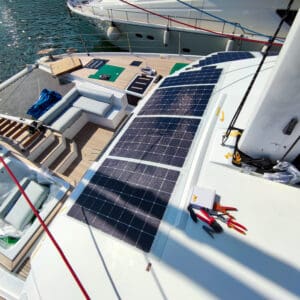 Solbian Solar Fountaine Pajot 67 sailing luxury catamaran yacht boat photovoltaic walkable custom-made bespoke bimini deck KIMATA installation